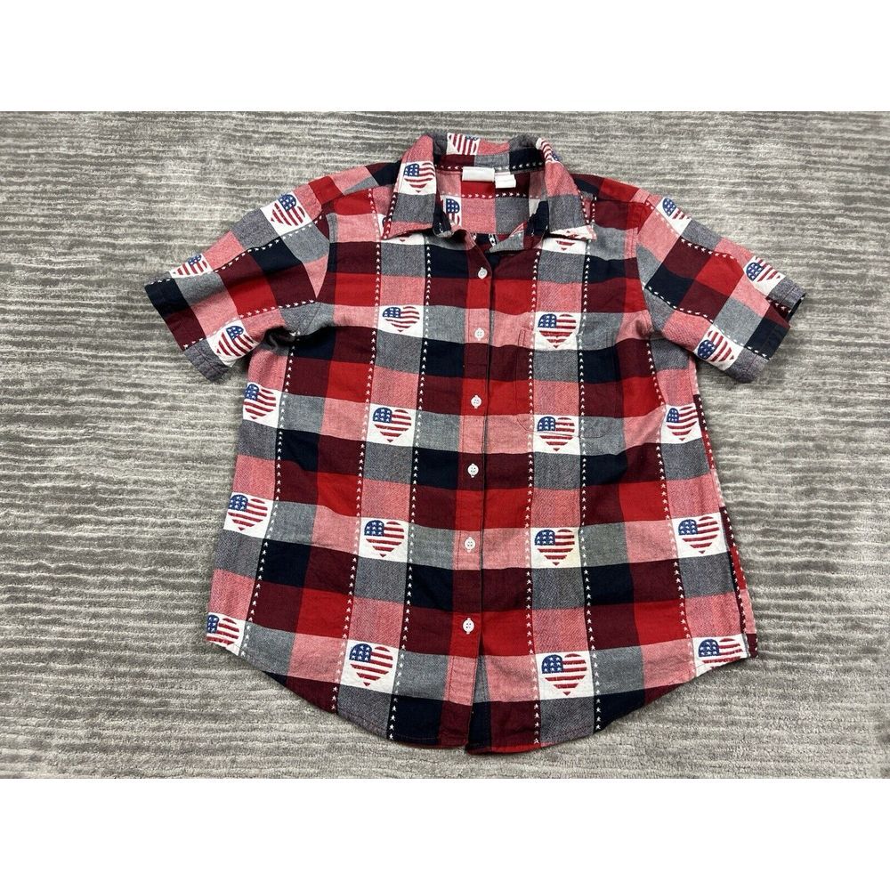 Collections Etc Shirt Women Large American Flag Heart Button Up Short Sleeve